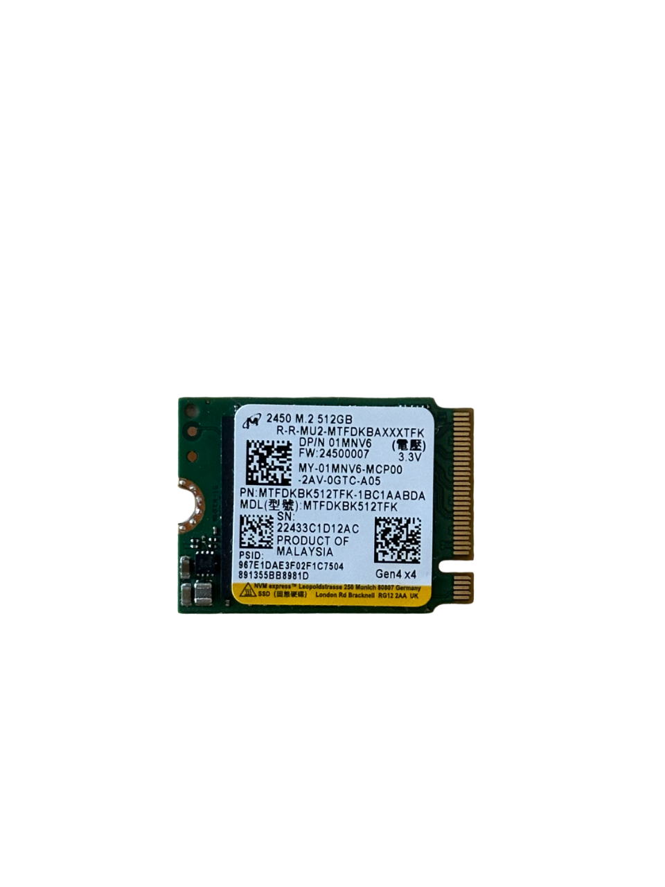 MICRON MTFDKBK512TFK 2450 NVMe PCIe 4.0 Gen4 512GB M2 SSD