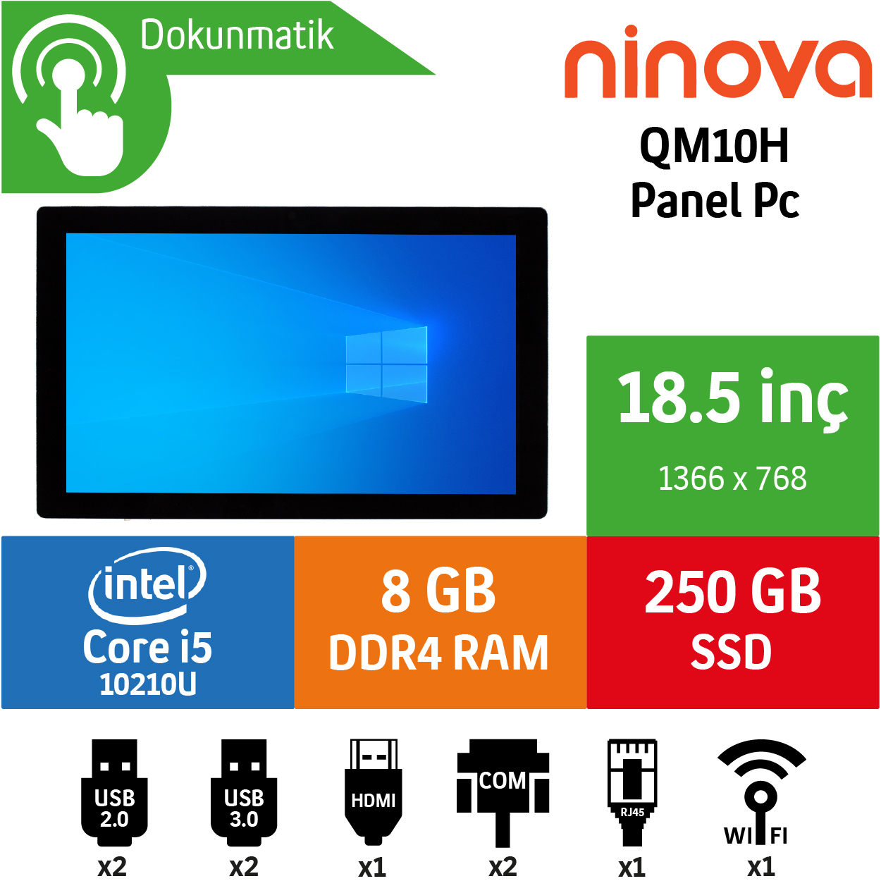 Ninova QM10H Intel Core i5 10210U 8GB 256GB SSD Freedos 18.5" Endüstriyel Panel Pc