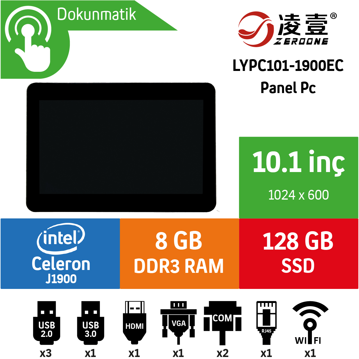 Zeroone LYPC101 Intel Celeron J1900 8GB 120GB SSD Freedos 10.1" Endüstriyel Panel Pc