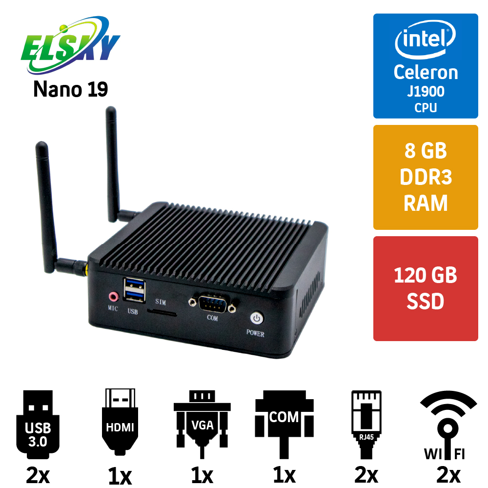 Elsky Nano19 Intel Celeron J1900 8GB 128GB SSD Endüstriyel Mini Pc