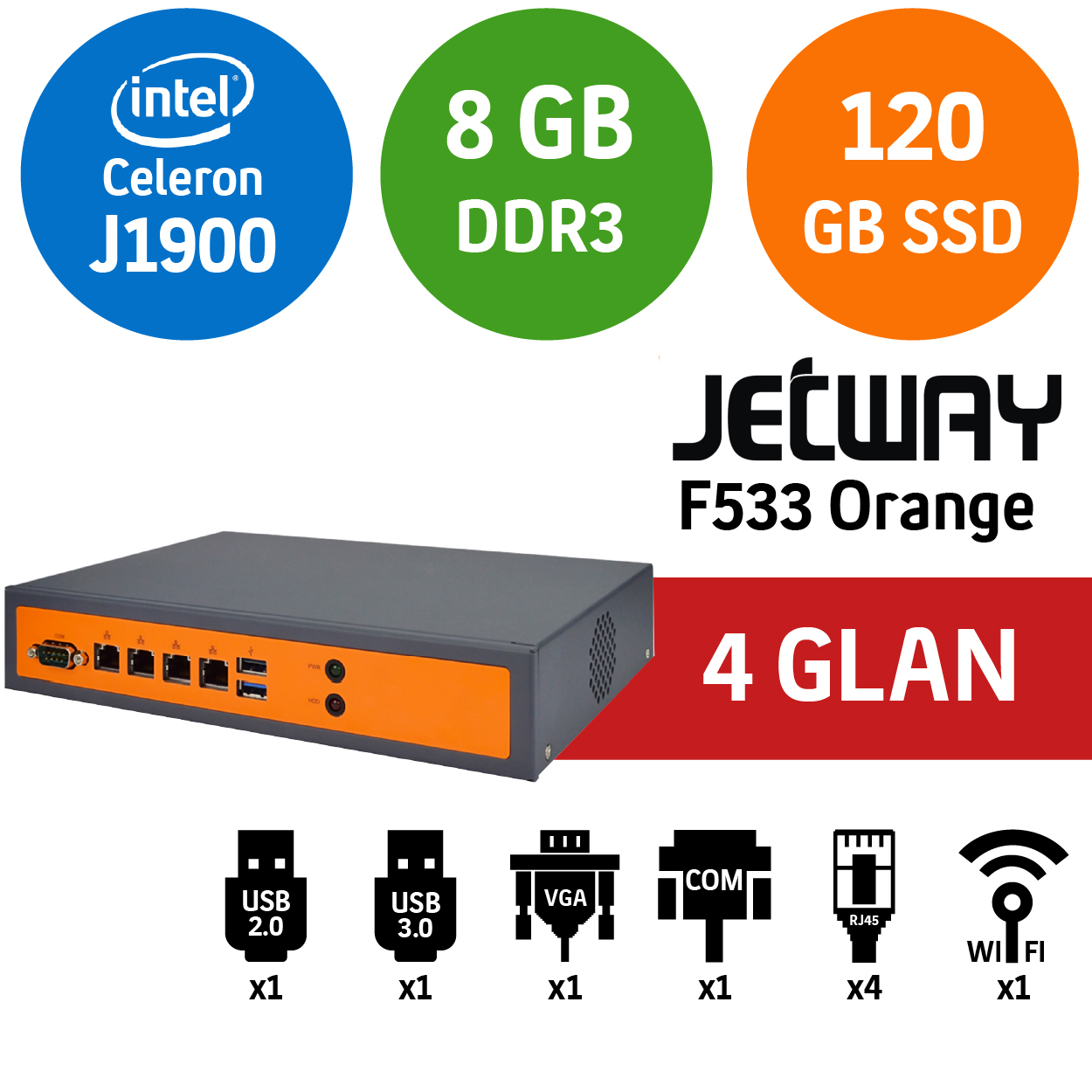 Jetway F533 Orange Intel Celeron J1900 8GB 120GB SSD 4 Port Endüstriyel Firewall Pc
