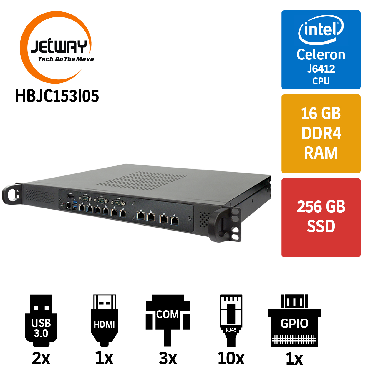 Jetway 1U HBJC153I05 J6412 16GB 256 M2SSD 6 Port 2.5GbE. LAN Endüstriyel Firewall Pc