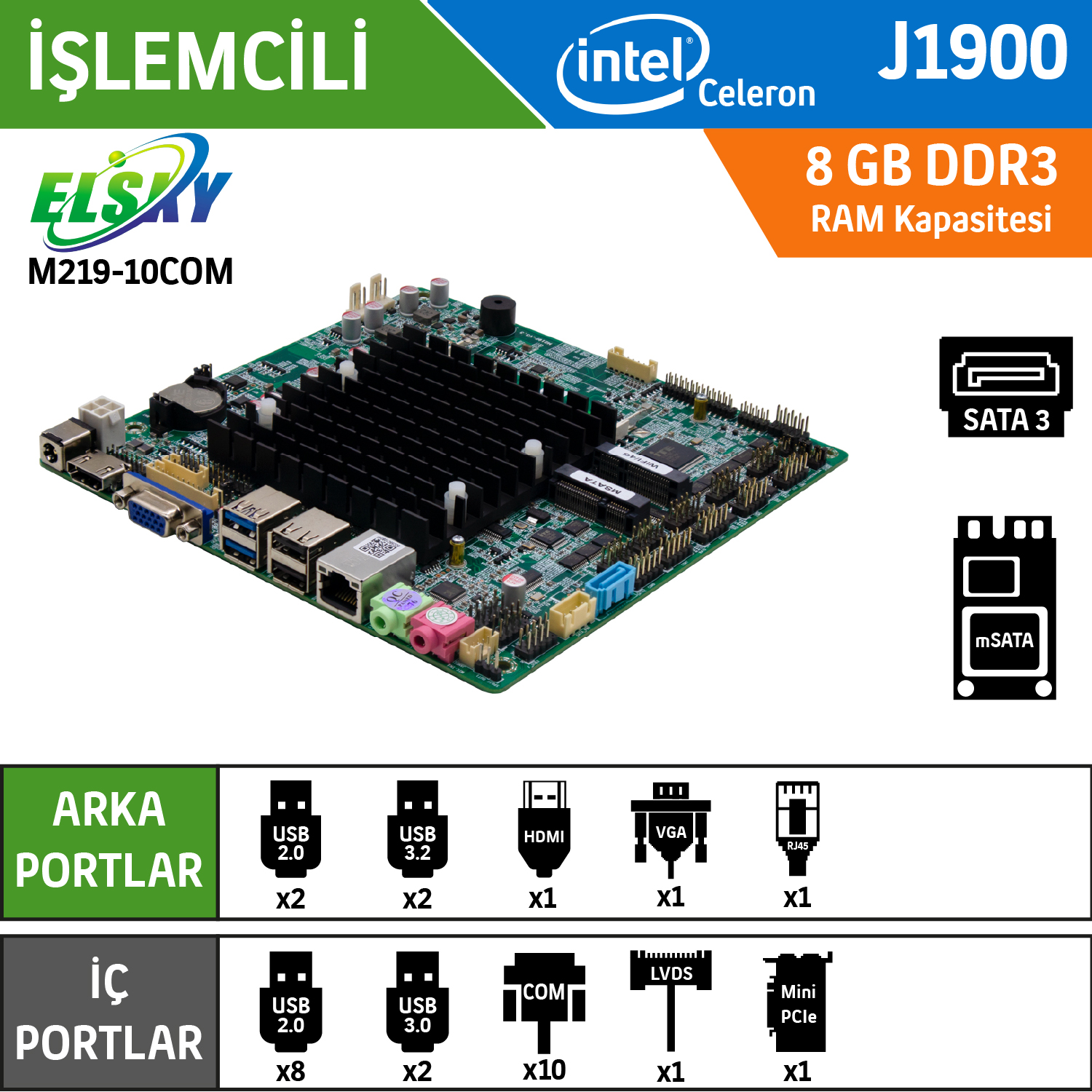 Elsky M219F-1LAN-10COM Intel Celeron J1900 Fansız Endüstriyel Mini ITX Anakart
