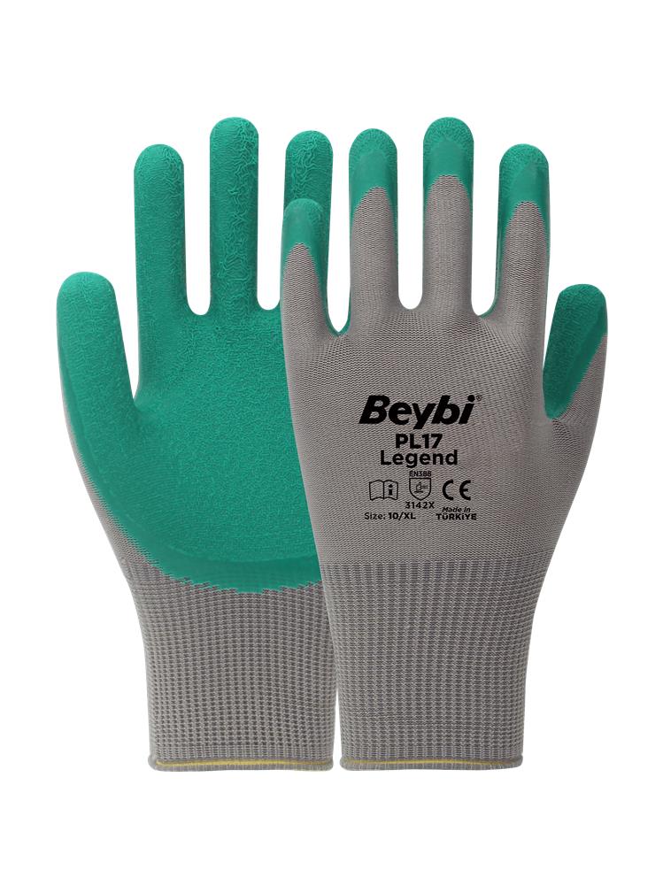 BEYBİ PL17 10 Beden Gri-Yeşil 12li Paket Legend Polyester Örme Lateks Eldiven