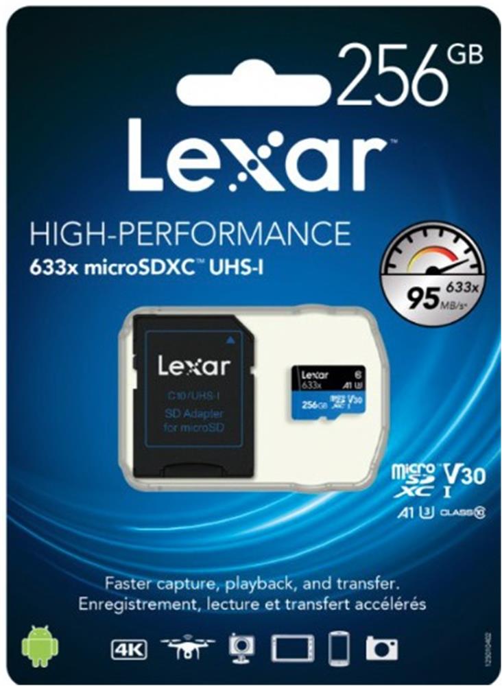 256 GB Lexar 633x microSDXC™ UHS-I, SD adaptörlü, 100 MB-snye kadar okuma, 45 MB-snye kadar yazma, 