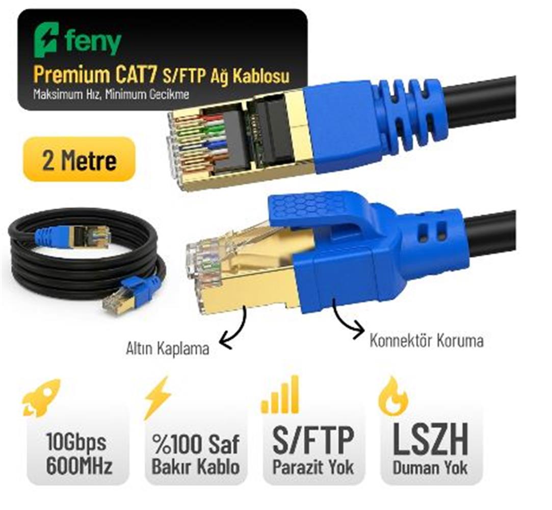 FENY FN-CAT7LS02 10GBPS İNTERNET 60MHZ 2 METRE CAT7 GOLD PATCH KABLO