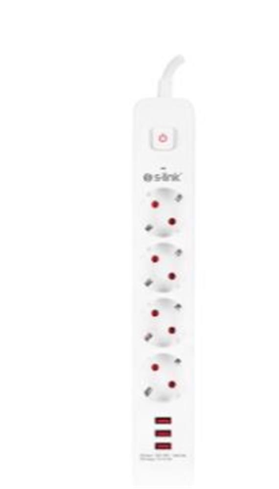 S-link SPG403U 1.5m 1.5mm 100 yüzde  Bakır 750 Joule 3 Usb 5V2.4A 4lü Anahtarlı Akım Korumalı Priz