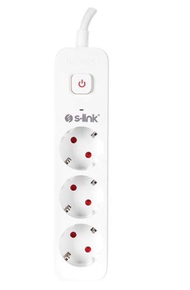 S-link SPG301S 1.5m 3x1.5mm 100 yüzde  Bakır 750 Joule 3 lü Anahtarlı Akım Korumalı Priz
