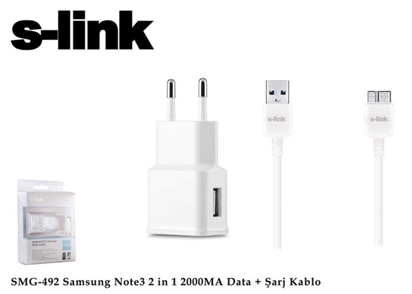 S-link SMG-492 2000mah Note 3 Şarj Kablo Priz Data Şarj Kablosu 