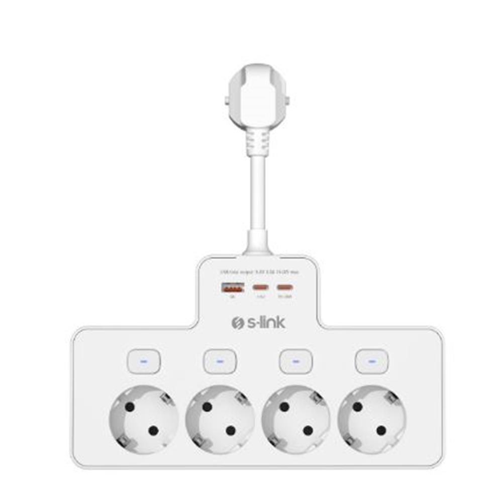 S-link PRZ08 Beyaz 4 Soketli 15cm 1 USB 2 Type-C PD20W Tam Bakır Kablolu Akım Korumalı Priz