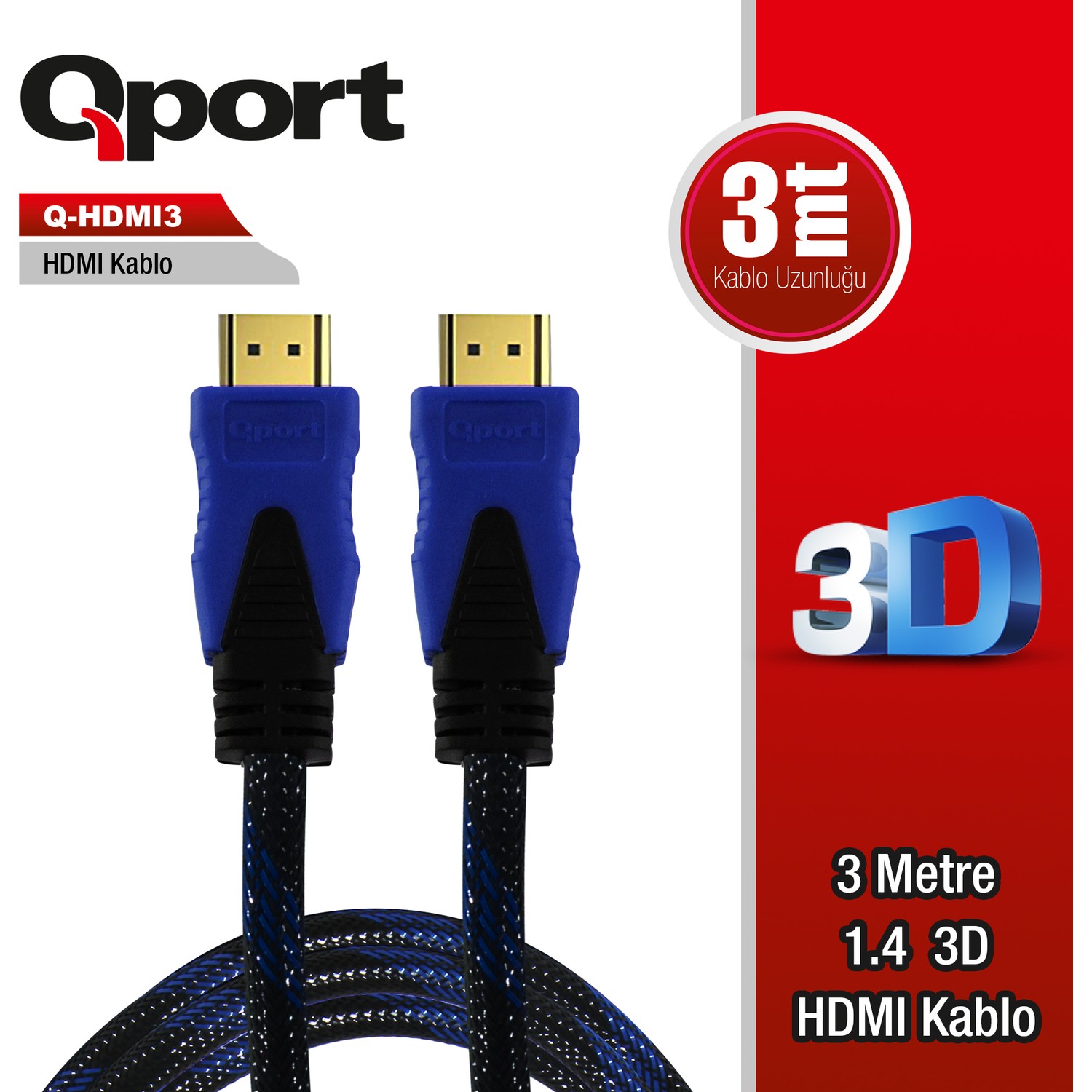 QPORT (Q-HDMI3) ALTIN UCLU 3M HDMI KABLO