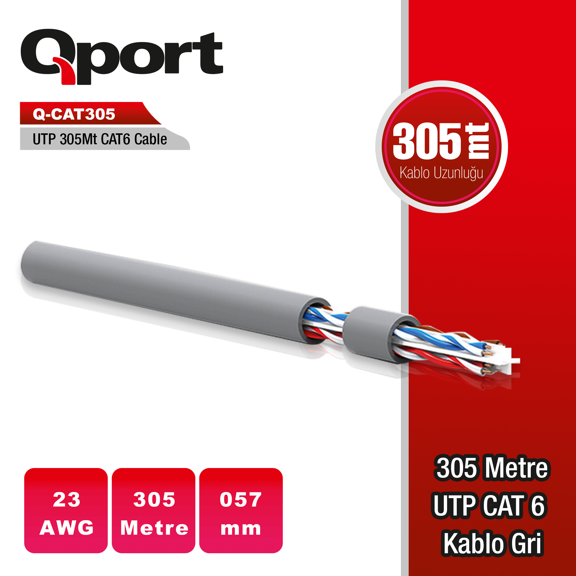QPORT CAT6 305M UTP GRI NETWORK KABLO (Q-CAT6)