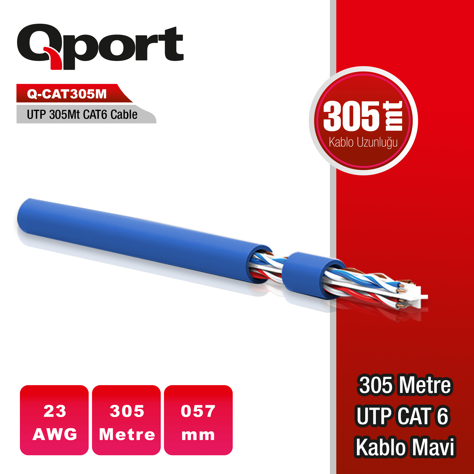 QPORT CAT6 305M UTP MAVI NETWORK KABLO (Q-CAT6M)