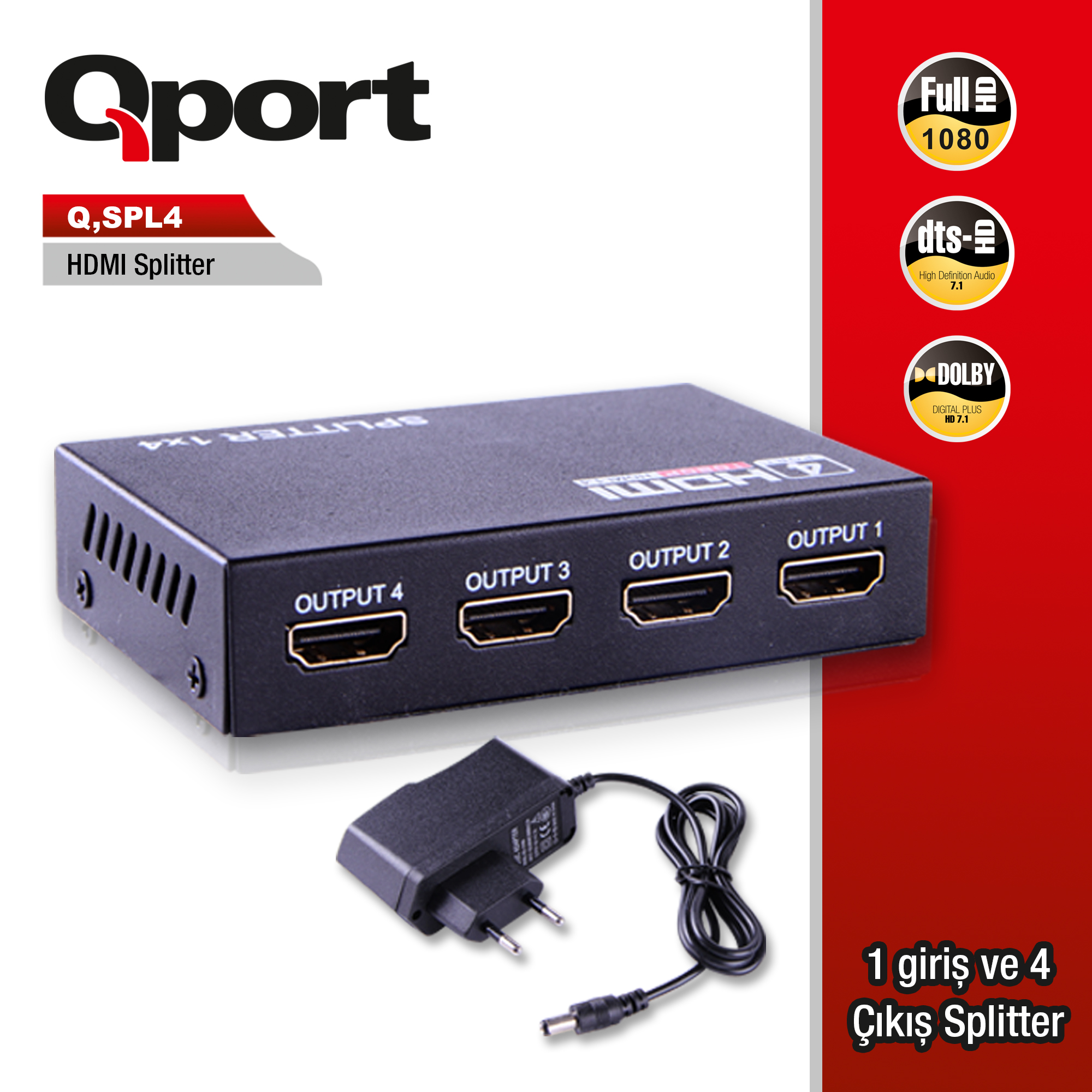 QPORT (Q-SPL4) FULL HD 1 GIRIS 4CIKIS HDMI SPLITTER (SINYAL COGALTICI)