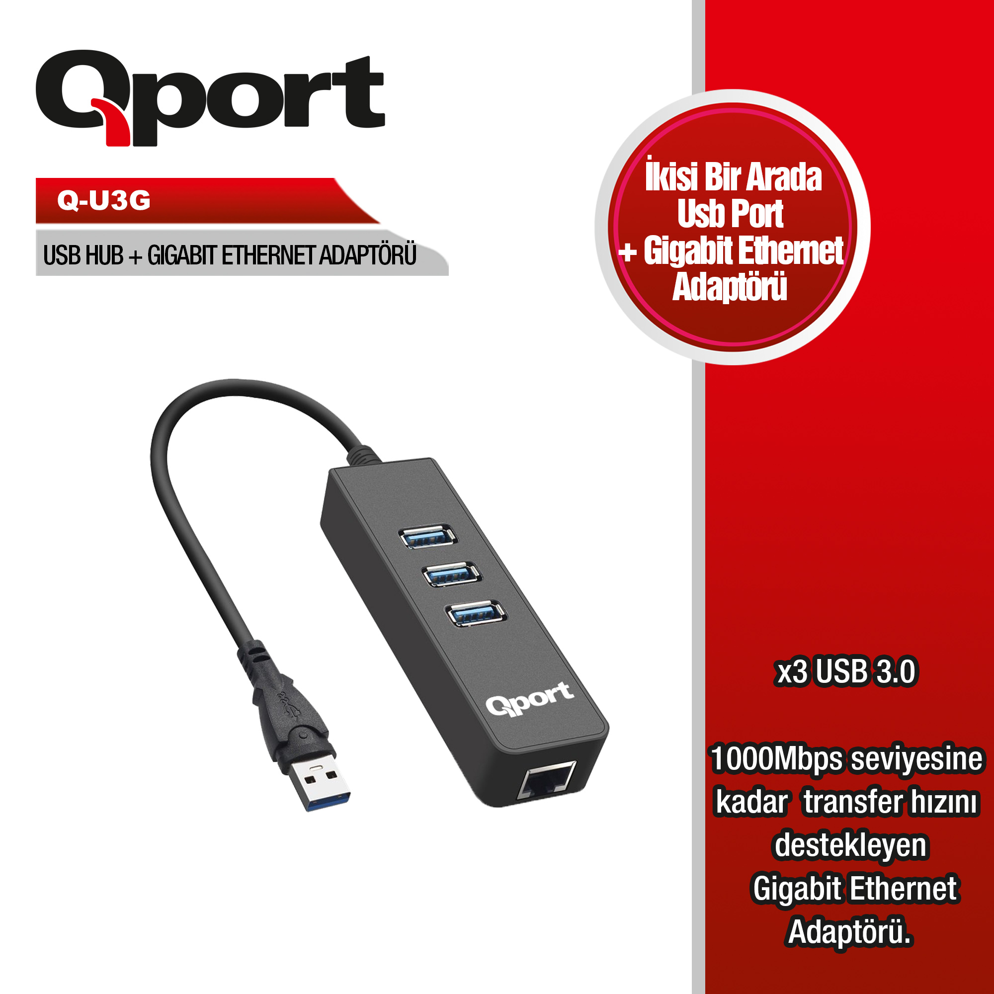 QPORT Q-U3G USB3.0 TO 3 PORT USB + RJ45 ETHERNET HUB