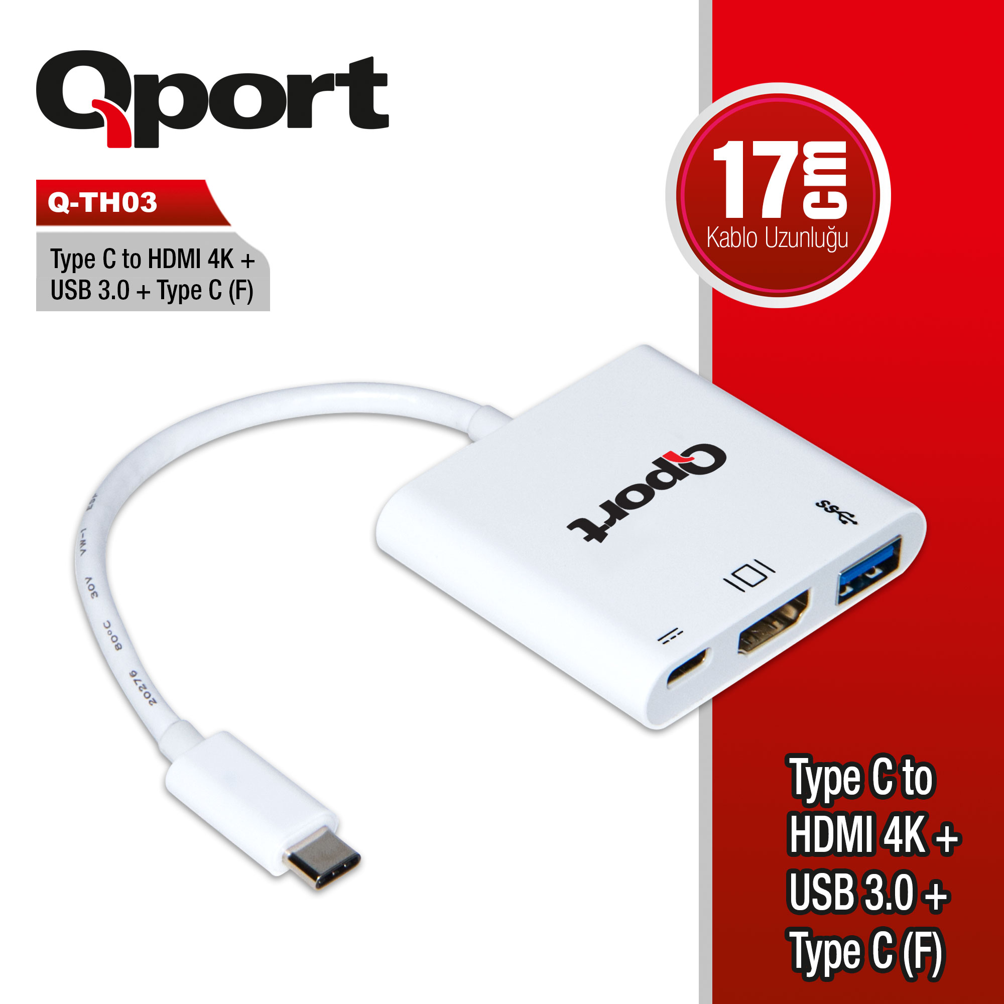QPORT (Q-TH03) TYPE-C TO HDMI/USB3.0/TYPE-C(F) CEVIRICI