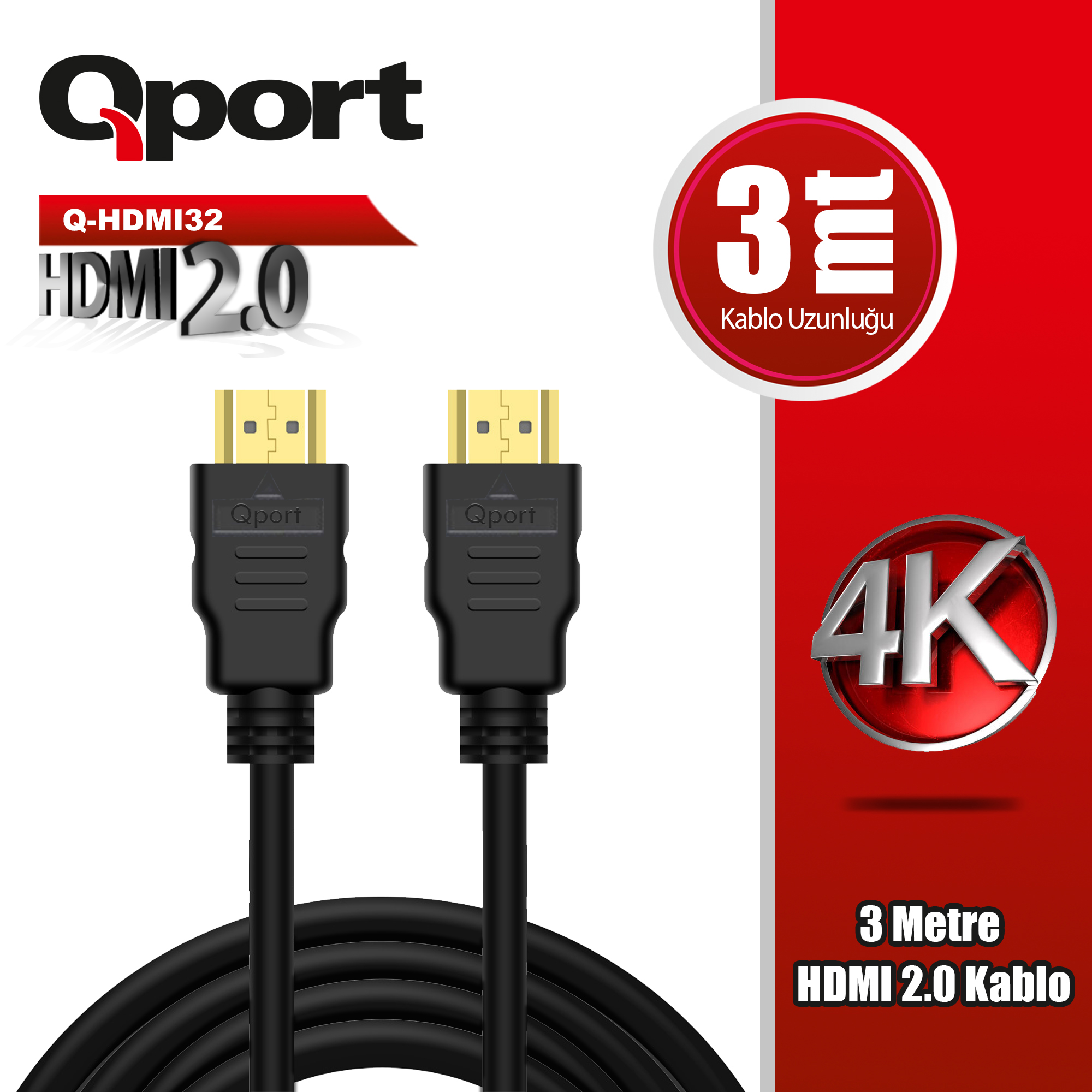 QPORT (Q-HDMI32) ALTIN UCLU 3M 4K HDMI2.0 KABLO