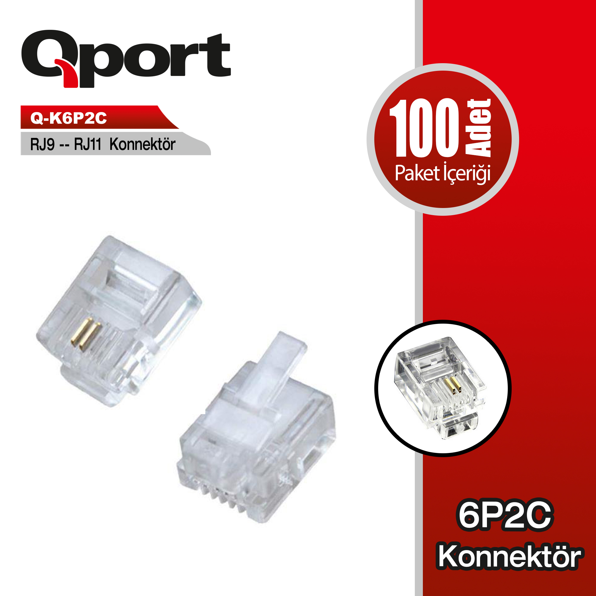 QPORT (Q-K6P2C) RJ9/RJ11/RJ11 KONNEKTOR 100 LU