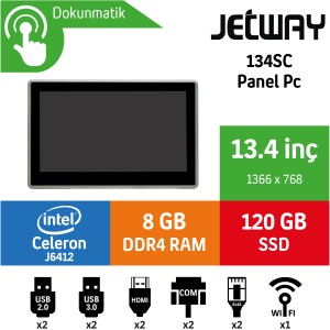 Jetway 134SC Intel Celeron J6412 8GB 120GB SSD Freedos 13.4" Endüstriyel Panel Pc