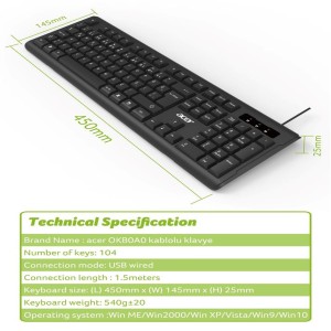 Acer OAK-0A0  Siyah Kablolu Sessiz Tuşlu  Klavye (Caps Lock) (Kablo Uzunluğu 1.50Cm) Caps Lock