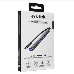 S-link SWV-USBC023 4 in 1 Gri Metal TypeC to 2-USB2.0 USB 3.0, PD Type C Adaptör
