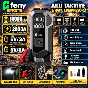 Feny FN-AT16 16.000 Mah 5v-3a Akü Takviye Ve Hava Kompresörü (Lastik Şişirme- Powerbank) Çantalı 