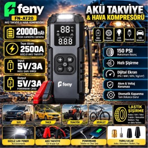 Feny FN-AT20 20.000 Mah 5v-3a Akü Takviye Ve Hava Kompresörü (Lastik Şişirme- Powerbank) Çantalı 