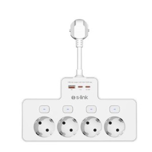 S-link PRZ08 Beyaz 4 Soketli 15cm 1 USB 2 Type-C PD20W Tam Bakır Kablolu Akım Korumalı Priz